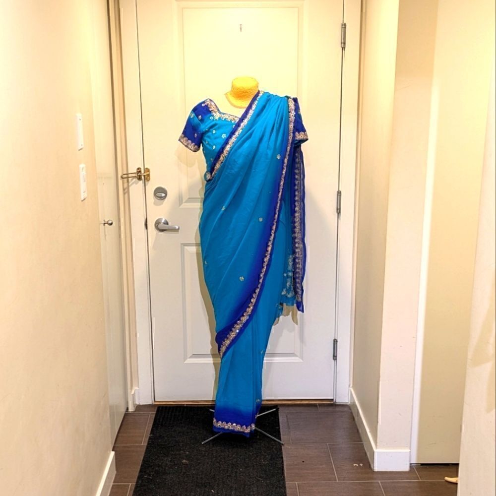 Gorgeous M Pre-Stitched Blue Ombre Saree with Gold and Blue Embroidery